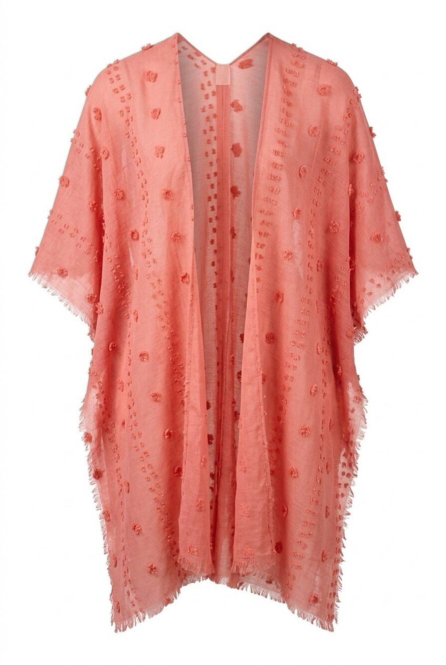 Women’s Pink Sheer Kimono Cardigan Swiss Dot Pom Pom Boho One Size Lightweight